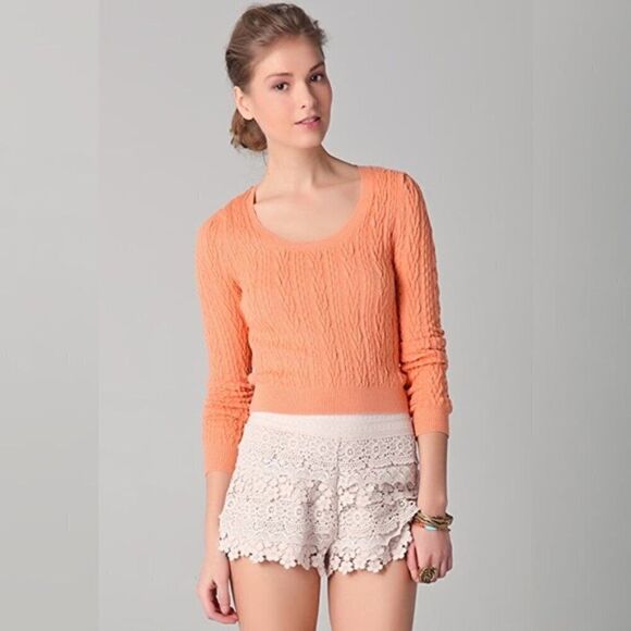 Free People Cable Cropped Knit Sweater Top Wool Coquette CottageCore Feminine XS - Picture 7 of 8